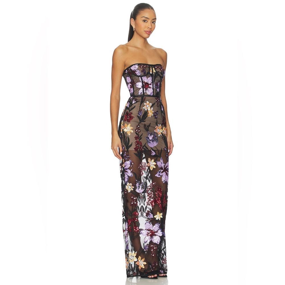 NWOT BRONX AND BANCO Dahlia Maxi Dress in Purple Multi, wedding guest gown